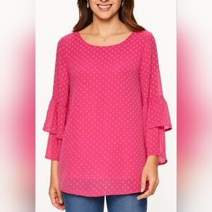IMNYC Isaac Mizrahi Fuchsia Swiss Dot Bell Sleeve Blouse Top L